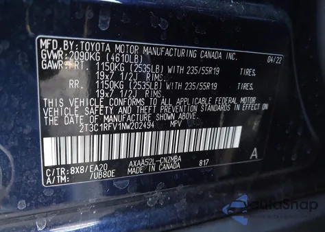 2022 Toyota Rav4 Xle Premium из США, поврежденный, VIN 2T3C1RFV1NW202494